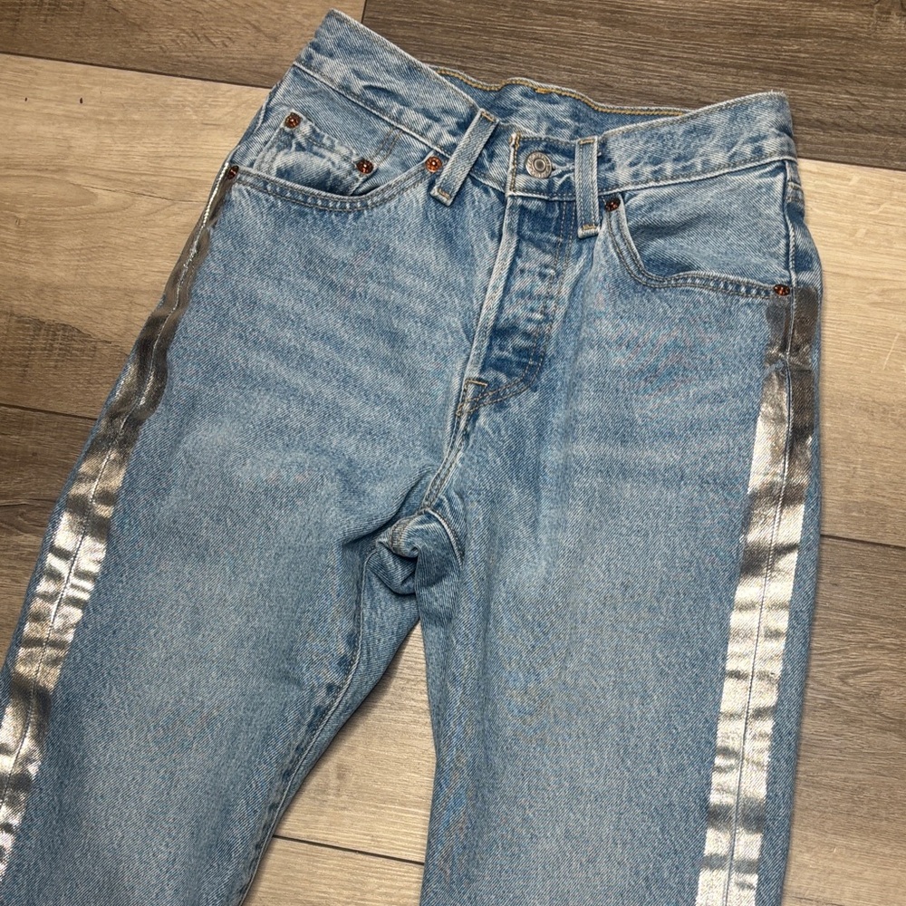 Levi’s 501 Rain Or Shine Metallic Side Stripe Straight Leg Jeans - Picture 3 of 9